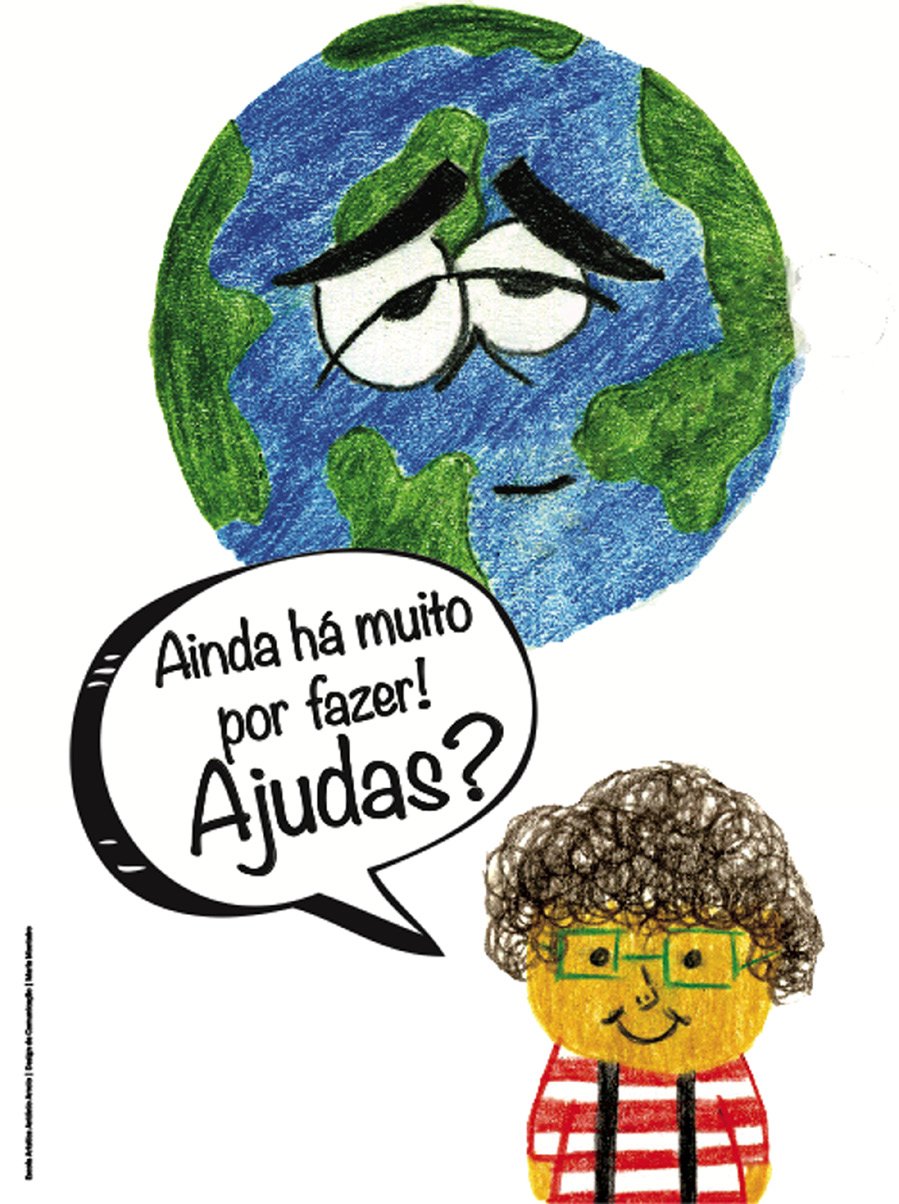 Desenho de um planeta Terra triste e de uma criança, com o balão Ainda há muito por fazer! Ajudas?