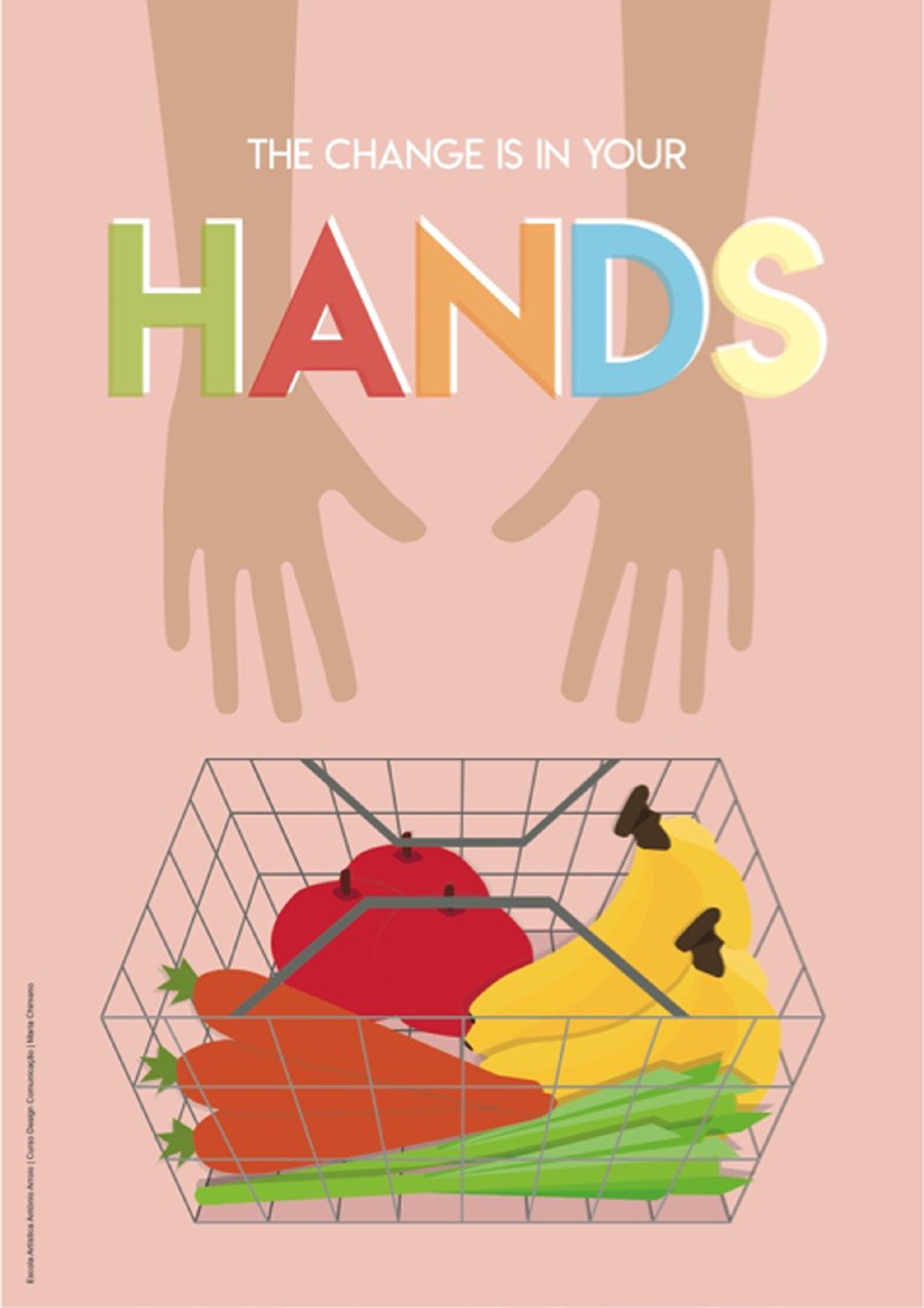 Cartaz rosa com duas mãos sobre um cesto de compras com fruta e legumes e o texto The change is in your hands
